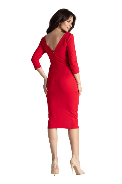 Sukienka Midi - Dopasowana Z Dekoltem V - czerwona